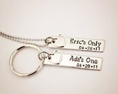 Her One, His Only - The Original with DATE AND NAMES - Couples Jewelry - Hand Stamped Stainless Steel Necklace Set - Sterling Heart Charm
