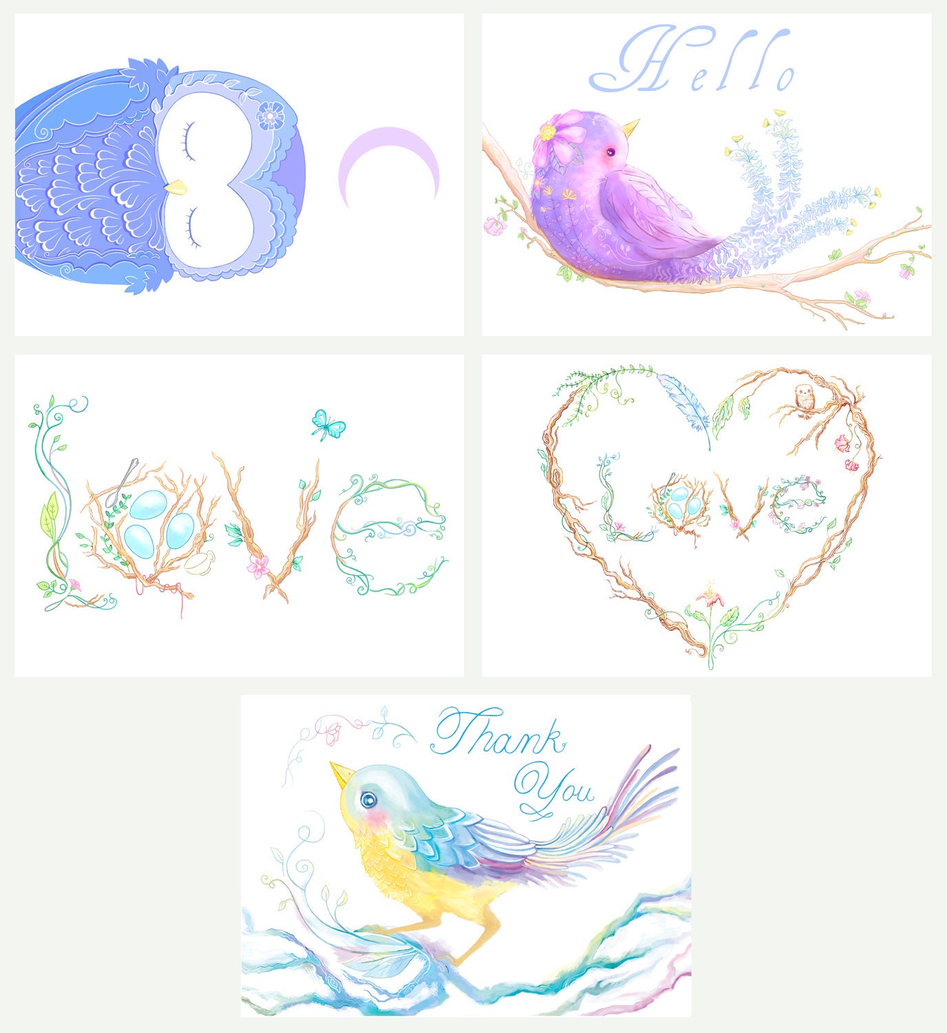 Greeting Card Pack, Thank You Card, Cute Owl Illustration, Love Card