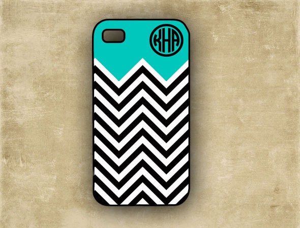 Chevron stripe phone case, silicone iPhone 4 case - Tiffany blue with black and white chevron, personalized Iphone 4s cover 5 plastic (9862)