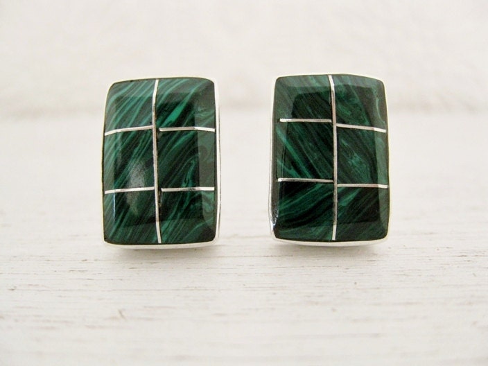 Sterling Silver Malachite geometric square earrings. THE COLOSALL TAZZA.