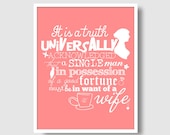 Pride and Prejudice Quote Print - 8.x10 - Pink -  Jane Austen- Typography Print - Doodles - Teacup - Darcy - Elizabeth Bennett