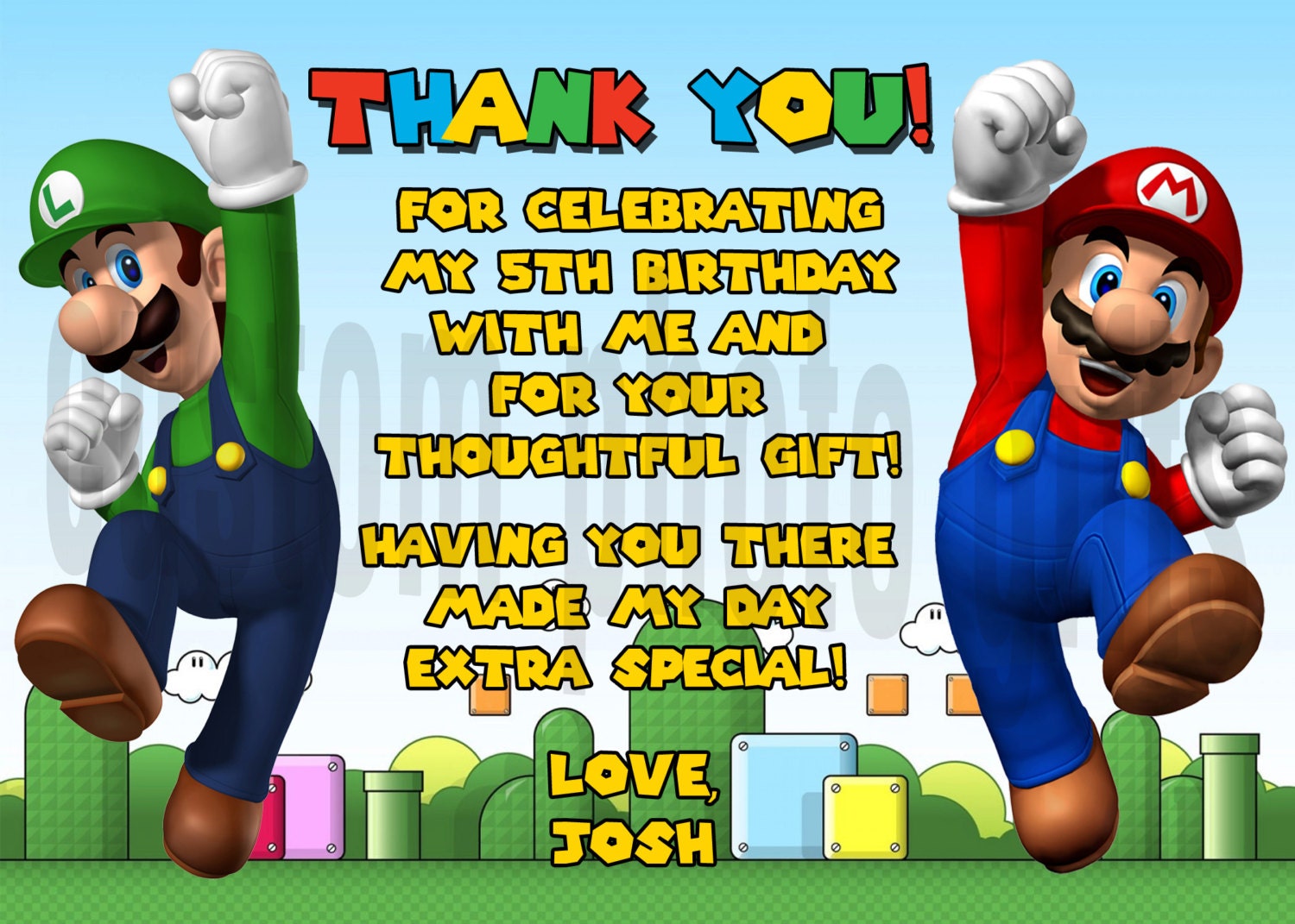 Super Mario Brothers Thank You Card Personalized Birthday Digital File