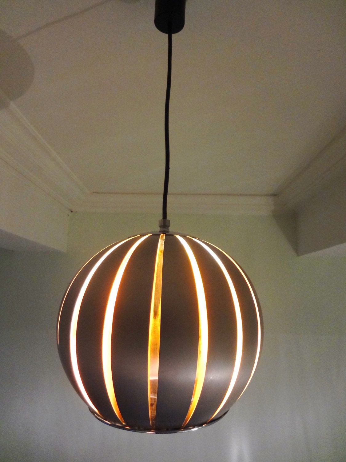 Original French 1970s Chrome Steel and Copper Ceiling Lamp Light Fixture Perfect Condition Amazing Original Design