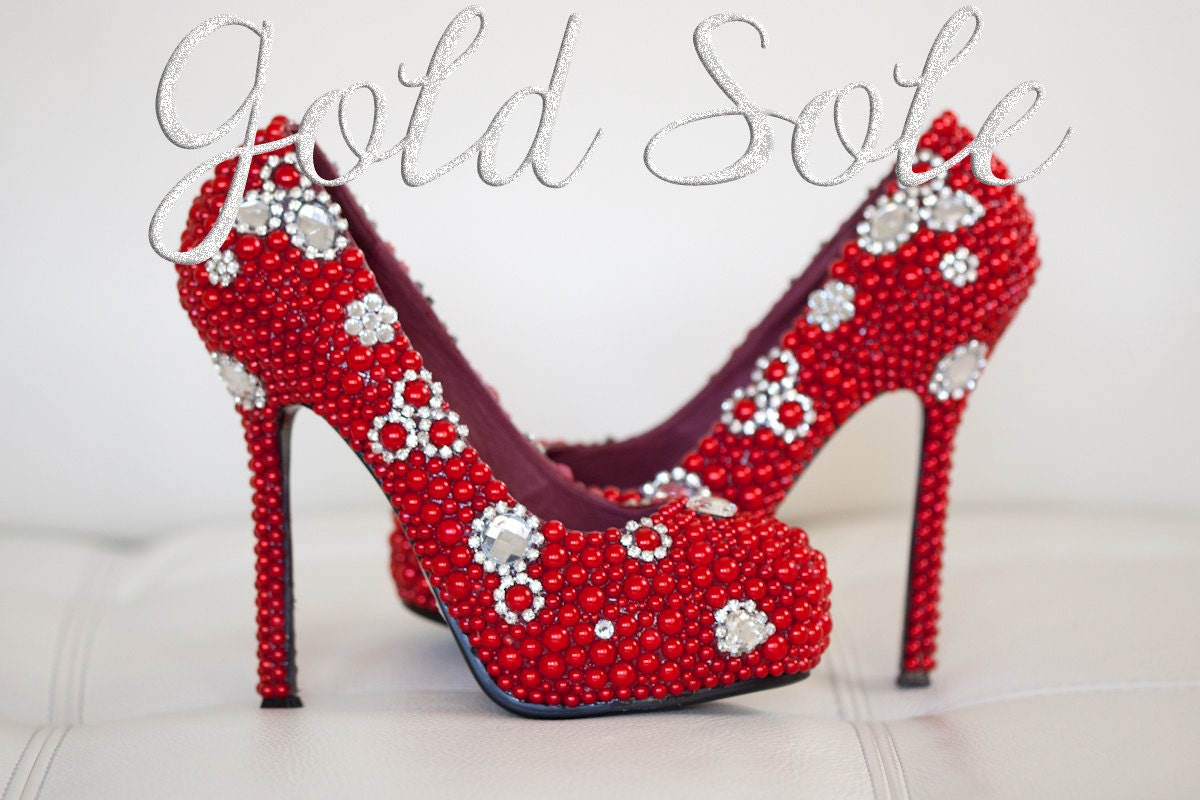 Red Bridal Shoes with Pearls and Rhinestones