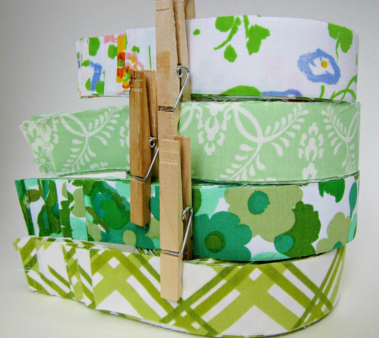 handmade fabric tape in greens made from vintage linens - for craft wrap packaging wedding supply