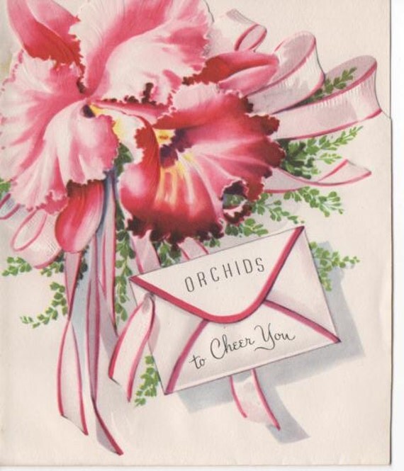 Items similar to Vintage Get Well Card Pink Flowers Unused 1940 Orchids