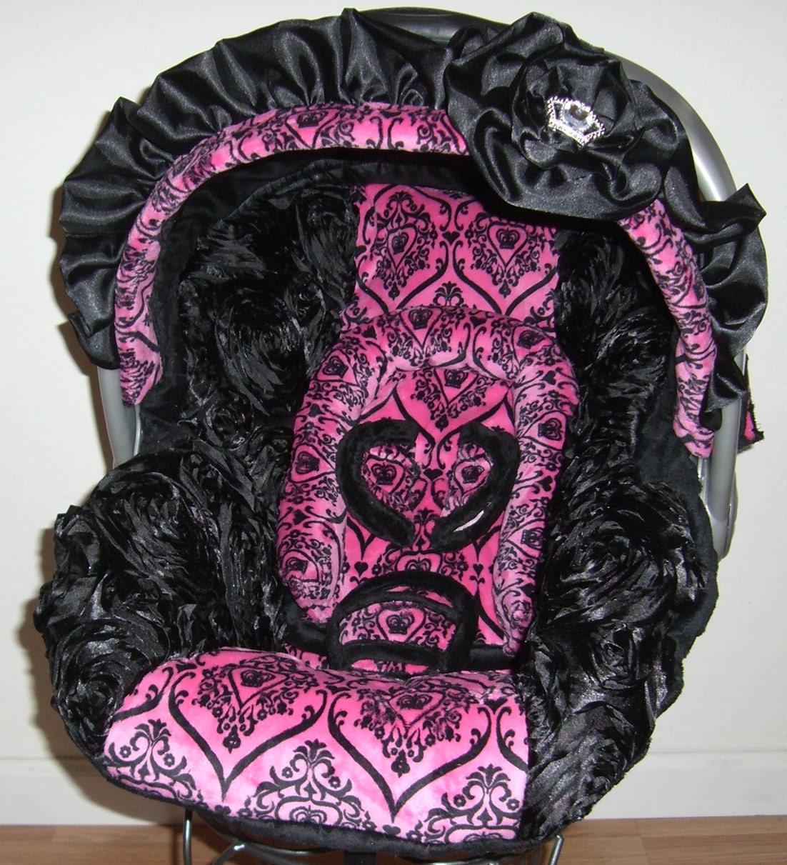 Ribbon roses hot pink crown Graco snugride 22, 30, 32, or 35 infant replacement car seat cover