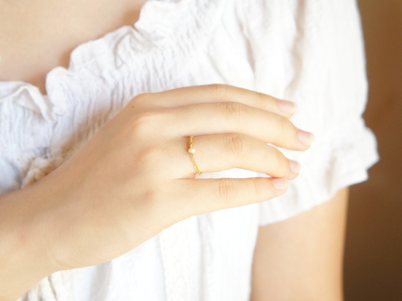 Freshwater pearl delicate chain ring- stacking ring- made to order- modern minimalist jewelry for everyday by noa noa