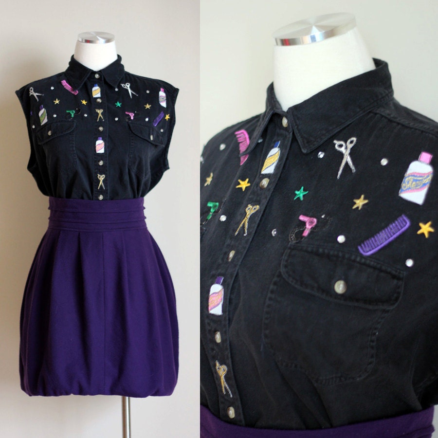 Vintage 1980s Sleeveless Blouse - Hairdresser Patches - Rhinestones - Size Large