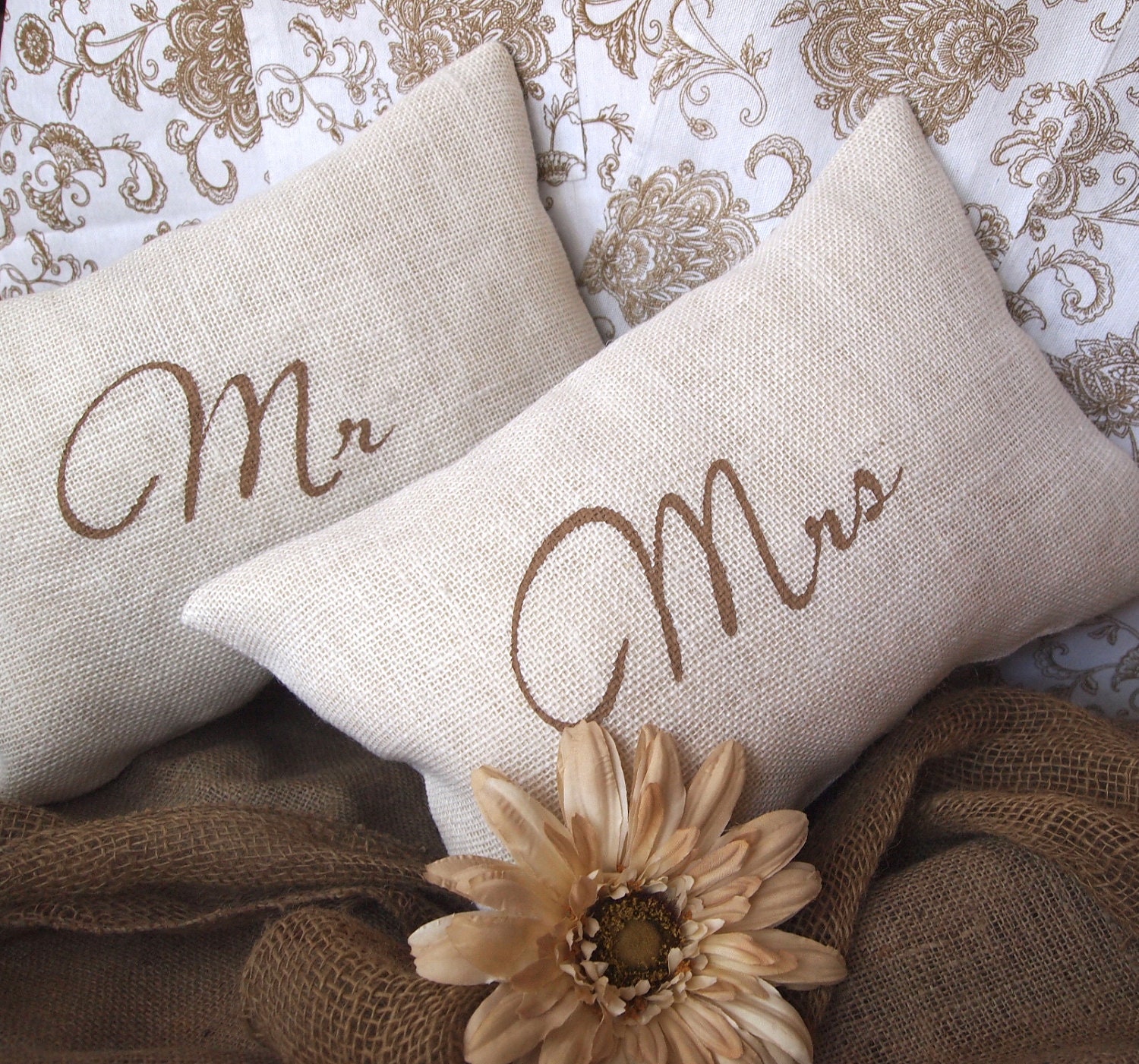 Caramel script Mr. and Mrs. pillows on white/ivory burlap for wedding, anniversary, housewarming, your livingroom