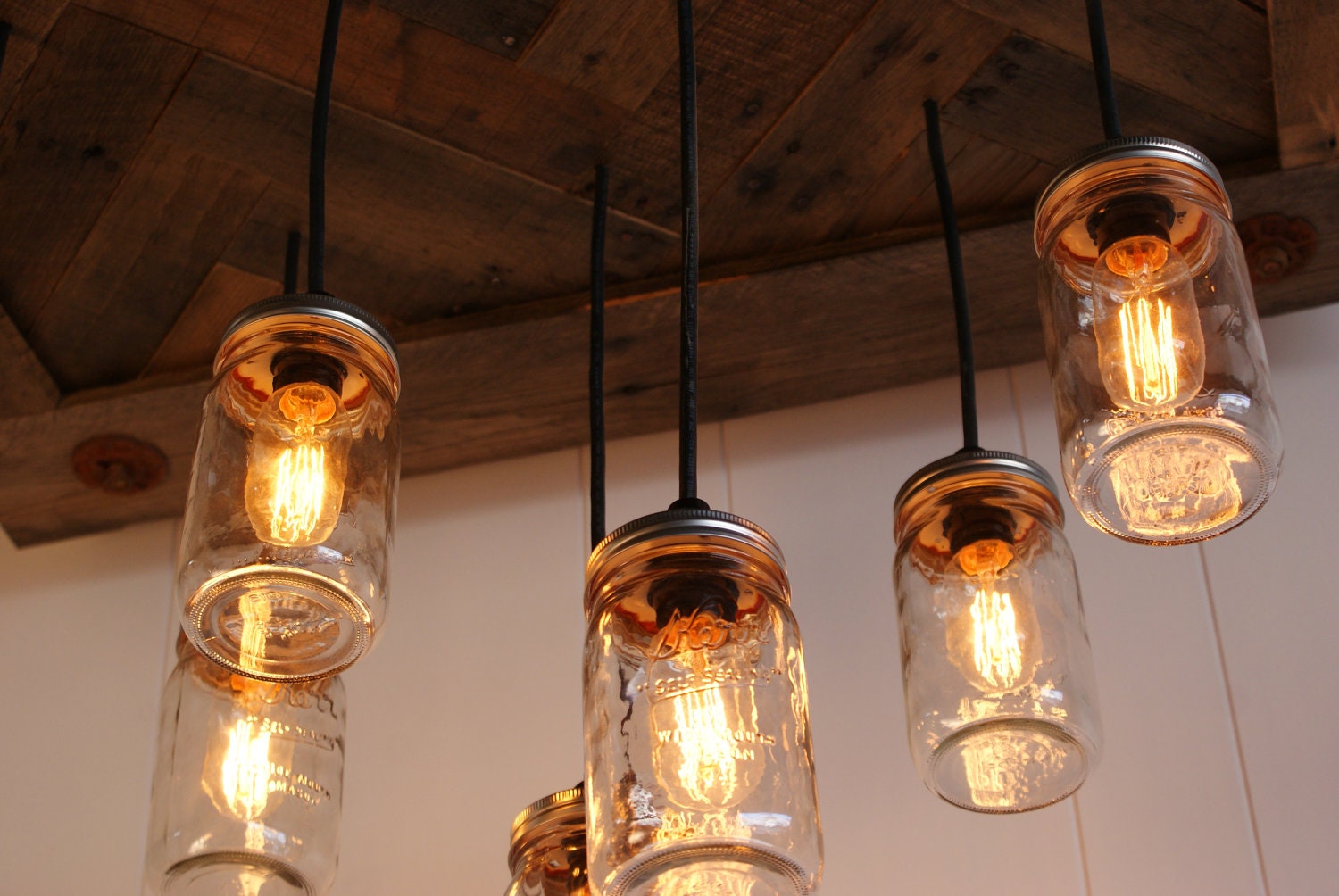 Mason Jar Chandelier - Mason Jar lighting - Upcycled Wood  - vintage Edison light bulbs