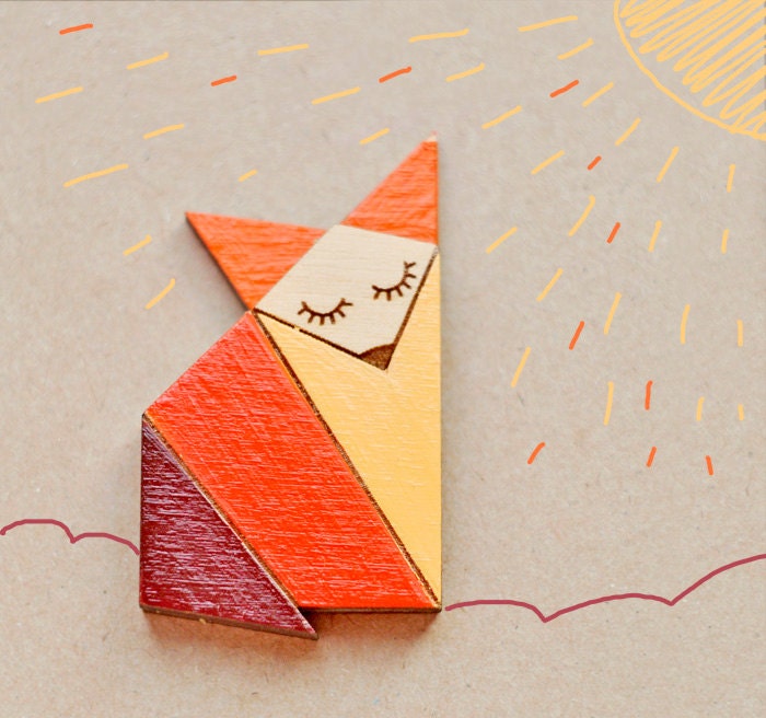 Wood Laser cut Brooch Orange Origami Fox - TheTwentyFingers