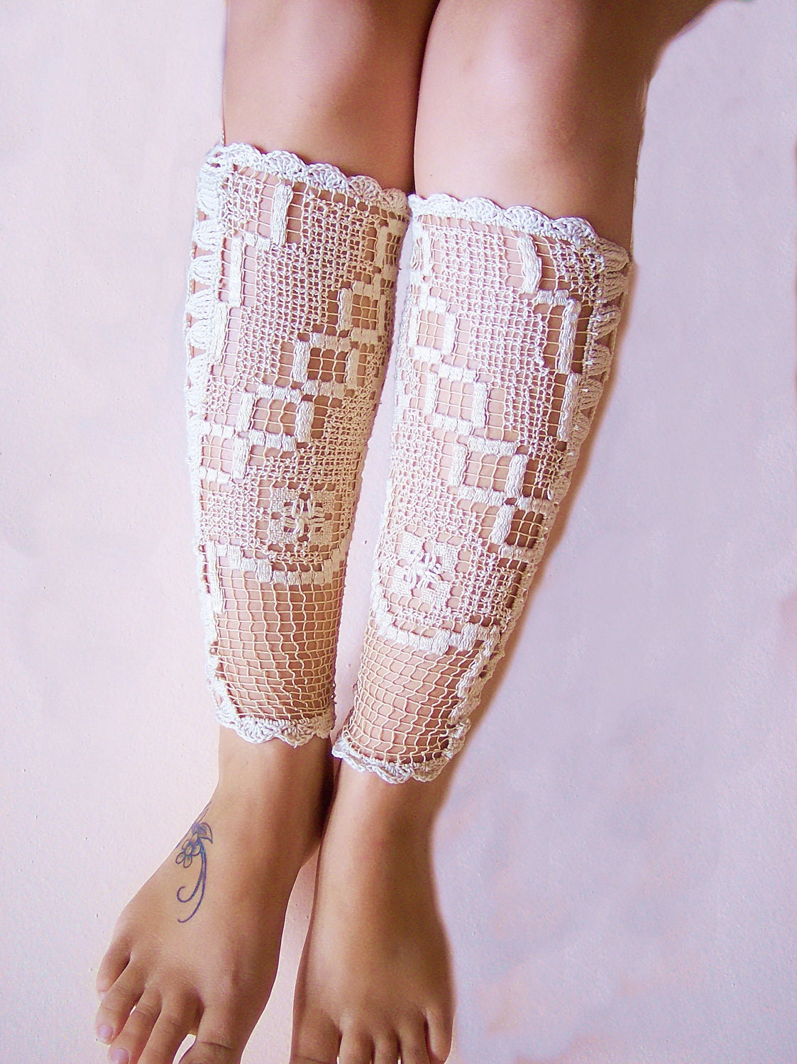 Vintage 1930's wedding shoes - victorian laced up leg warmers, wedding boots, nude tights socks - sexy anklet jewelry by Jenit Boutique