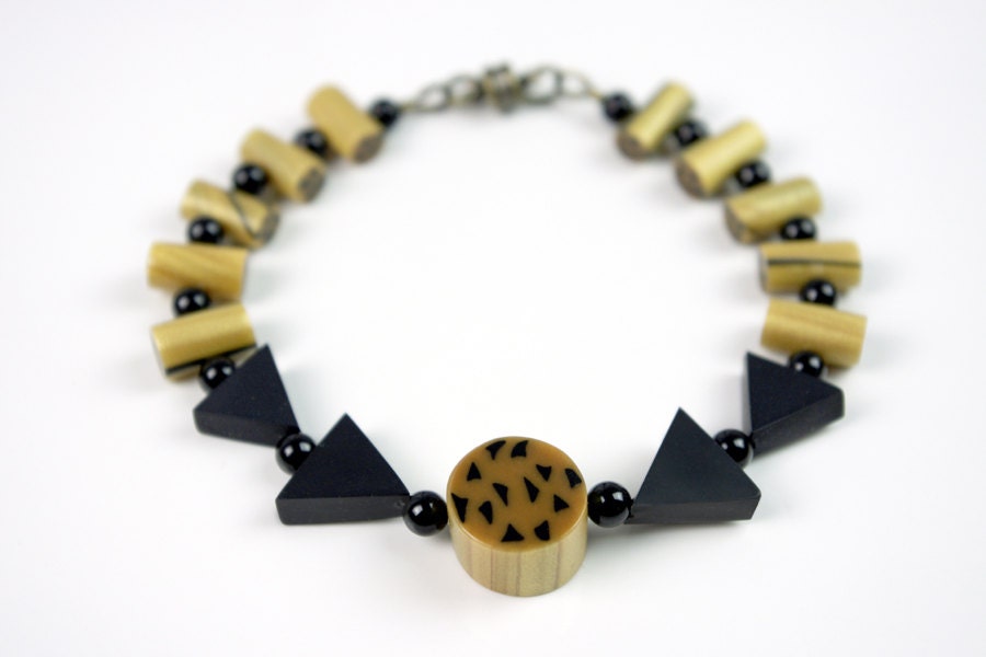 OOAK Art Deco Style Bracelet with Handmade Polymer Clay Beads and Black Onyx Stone