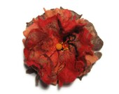 Nuno felted flower brooch, orange brown red yellow, silk wool, fall color rose.