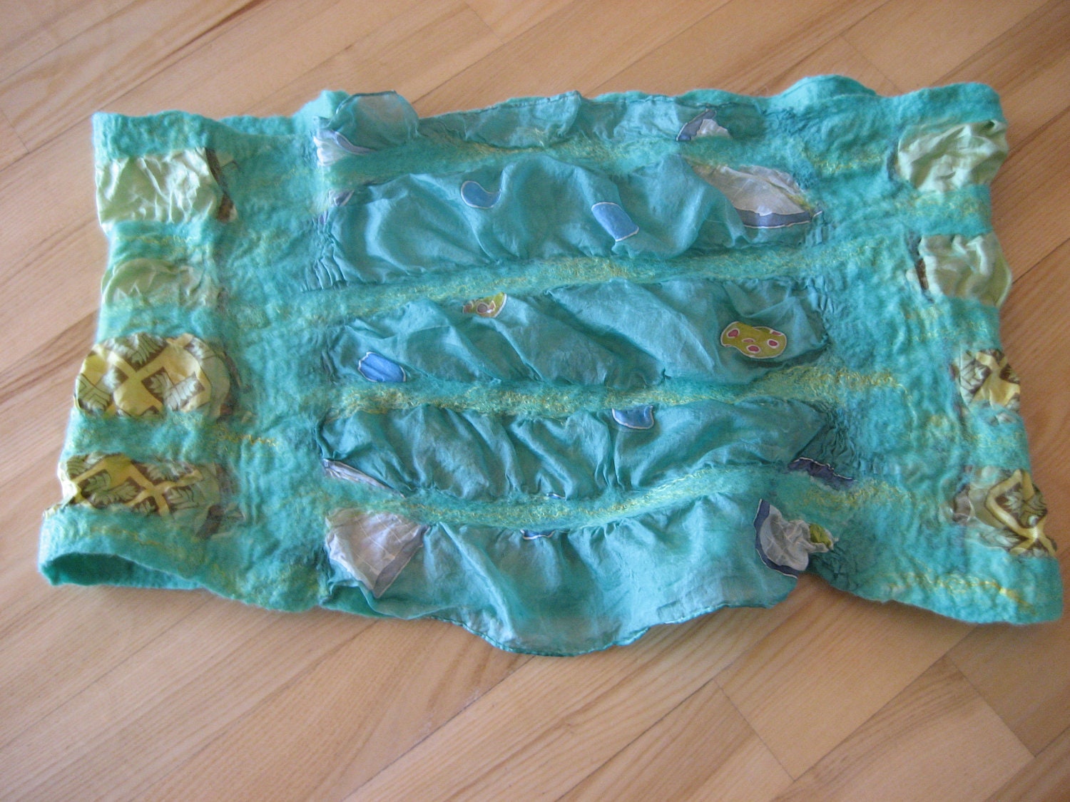 Green Mint Nuno Felt Infinity Loop Scarf Shawl Wrap: Wool, Silk. Splendid, Light and Bright. Gift under 25.