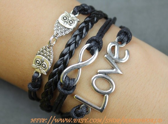 Bracelet, owl bracelet infinity bracelet love bracelet leather rope bracelet gift for friends -N689