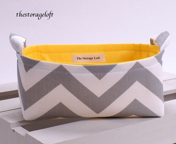 Storage Basket Organizer Container Basket Bin - Gray White Chevron Zigzag Fabric