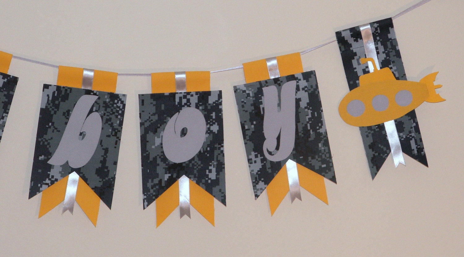 Baby Boy Banner -US Navy Submarine- It's a Boy Digital Blue Camo with Yellow Submarine