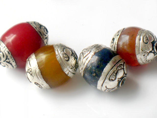 Tibetan Beads Tribal Ethnic Mala Silver Capped Handmade From Nepal Red Coral Amber Blue Lapis Carnelian