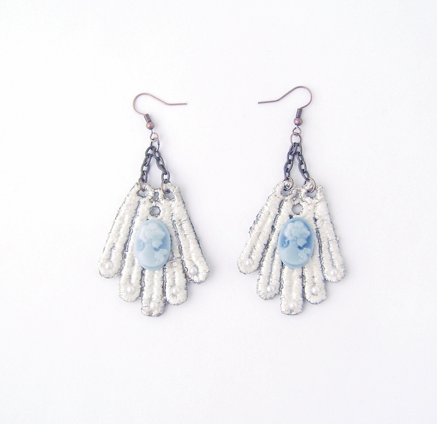 Bridal Earrings Victorian  Vintage Style  White Soft Blue Cameo Lace Shabby Chic romantic