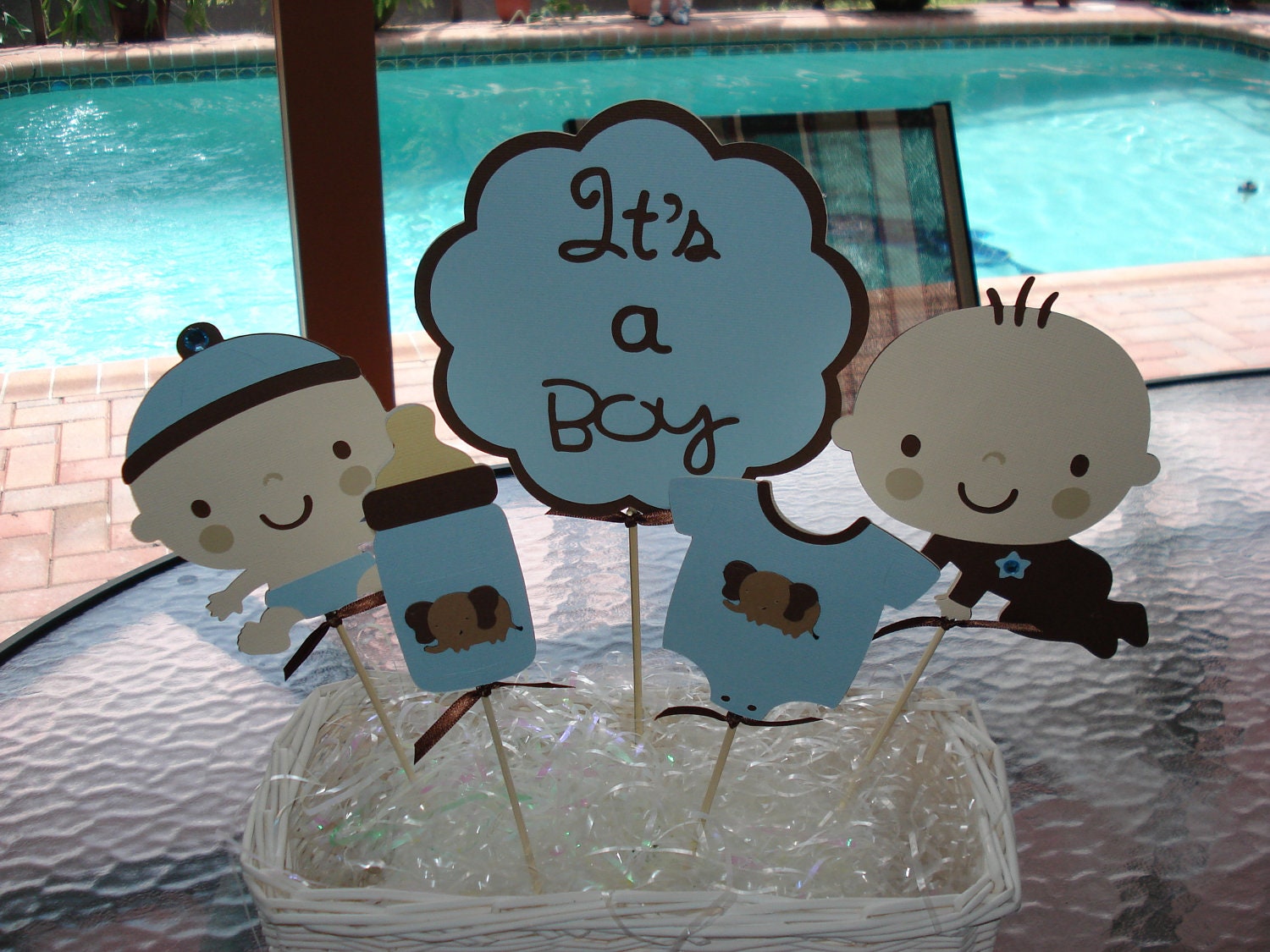 Its a Boy Centerpiece, Set of 5 Picks - Baby Shower Centerpiece - Blue and Brown Elephant
