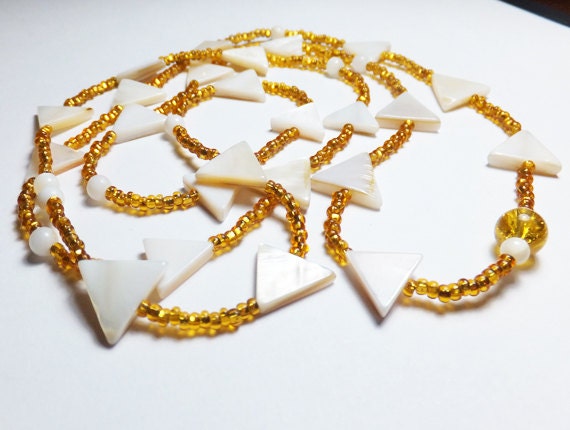 Triangle Mother of Pearl Beadwork Necklace with Gold Glass