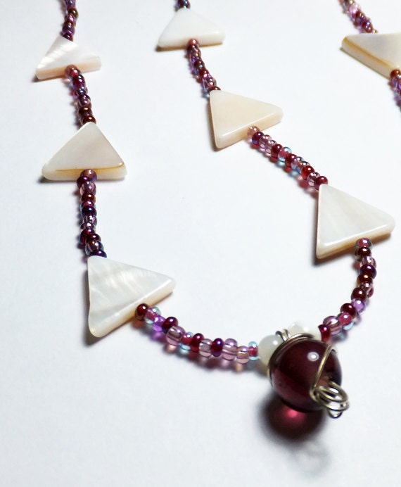 Triangle Mother of Pearl Beadwork Necklace with Purple Glass