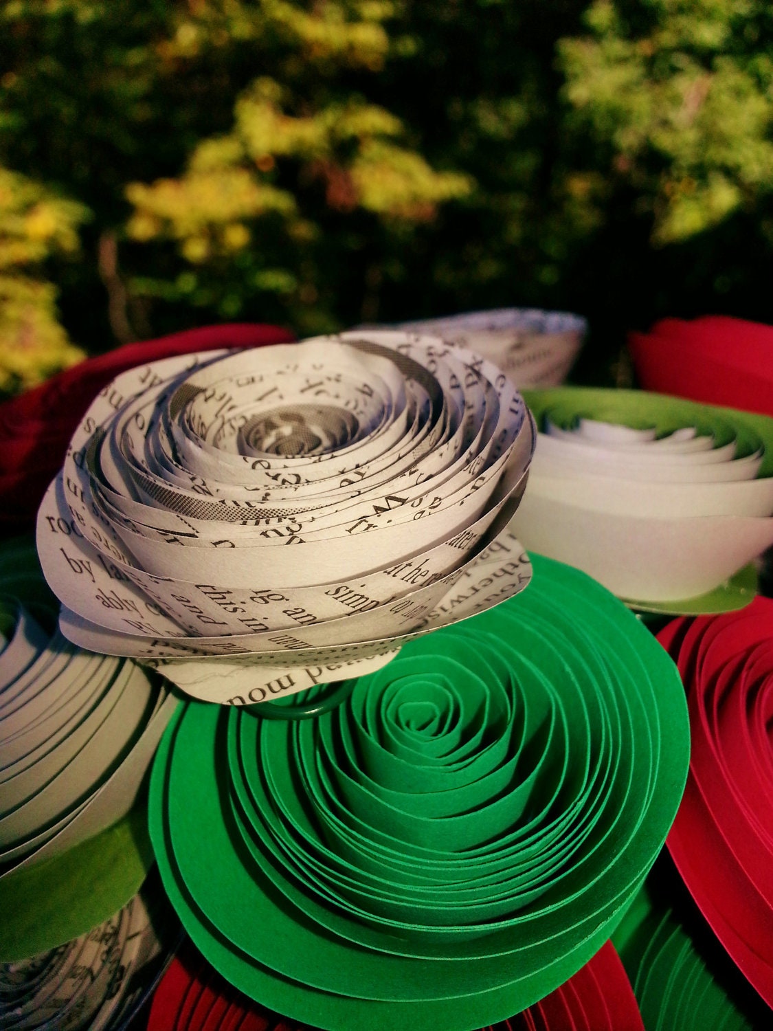 31 Paper Flowers in Red, Green and Newspaper - Handmade Paper Flower Bouquet for Weddings, Birthdays, Anniversaries, Showers