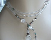 Natural Crystal Angel Wing and Rock Quartz Lariat Necklace, 56 Inch Strand Of Natural Quartz with Crystal Beads and Charms, Chakra Jewelry