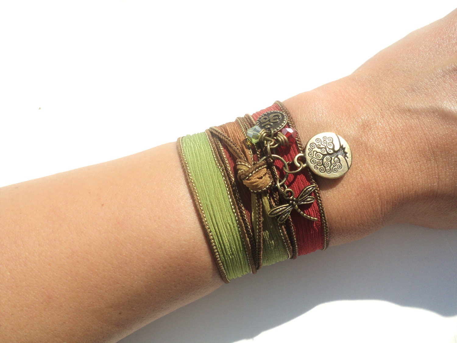 Tree of Life Dragonfly Silk Wrap Bracelet Yoga Jewelry Om Namaste Bohemian Jewelry Autumn Fall Earthy Unique Gift Under 50 Item Z34