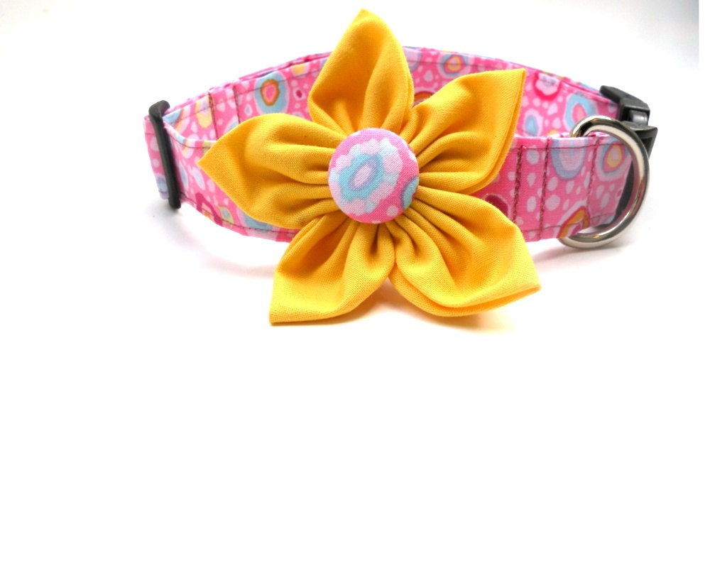 Large Pink Dog Collar with Yellow Flower Attachment