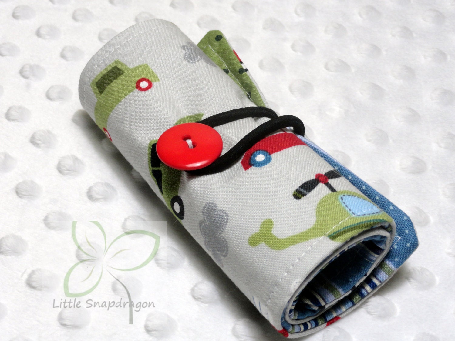 Crayon Roll Holder Organizer with Vehicles, holds 12 crayons. Christmas present, stocking stuffer, Birthday present