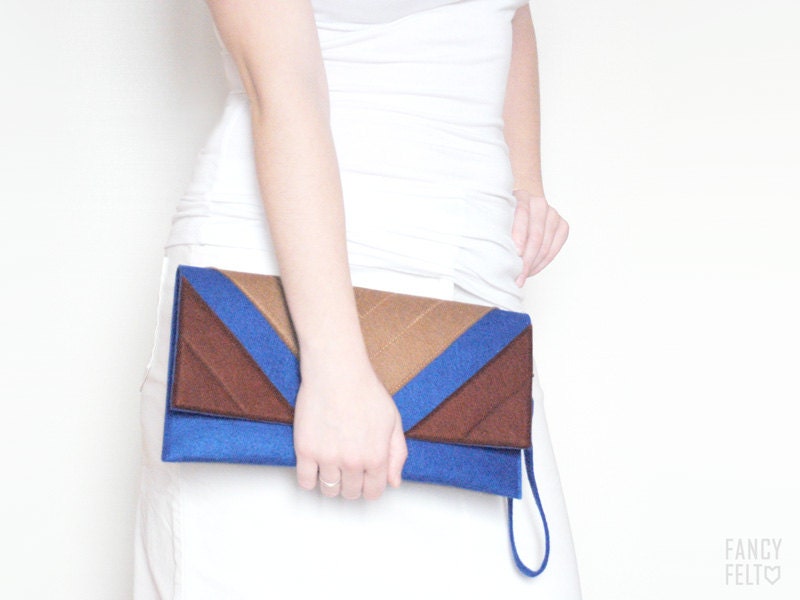 Geometric navy blue brown beige felt clutch bag