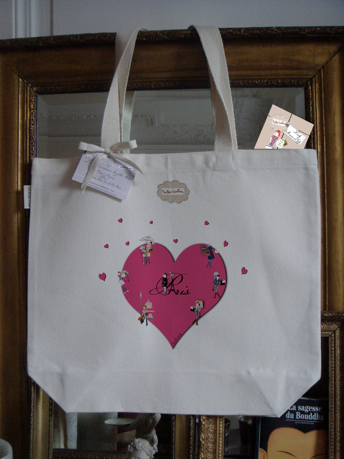 tote bag, organic cotton, pink  heart design "Paris little hearts"
