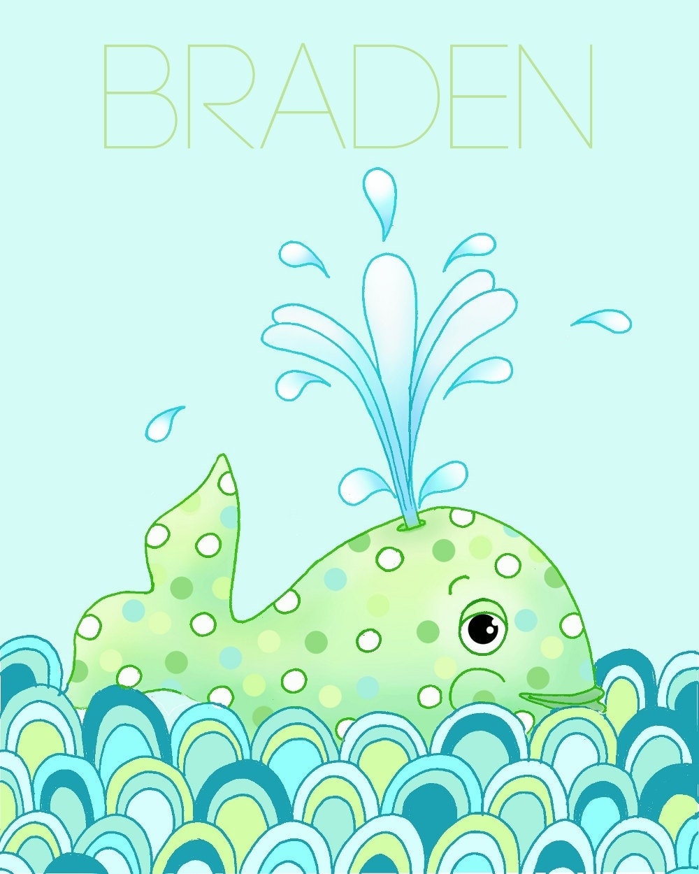 Mint Green Whale personalized nursery art art for kids baby aqua 11x14 nautical ocean print