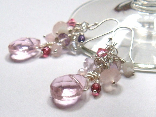 Special Occasion Pink And Silver Earrings Blush Pink, White, Plum And Rose Beaded Cluster Earrings