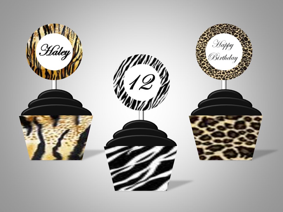 Animal Print Cupcake Wrappers & Toppers - Personalized With Name and Age - DIY Printable Party Decorations Il_570xn