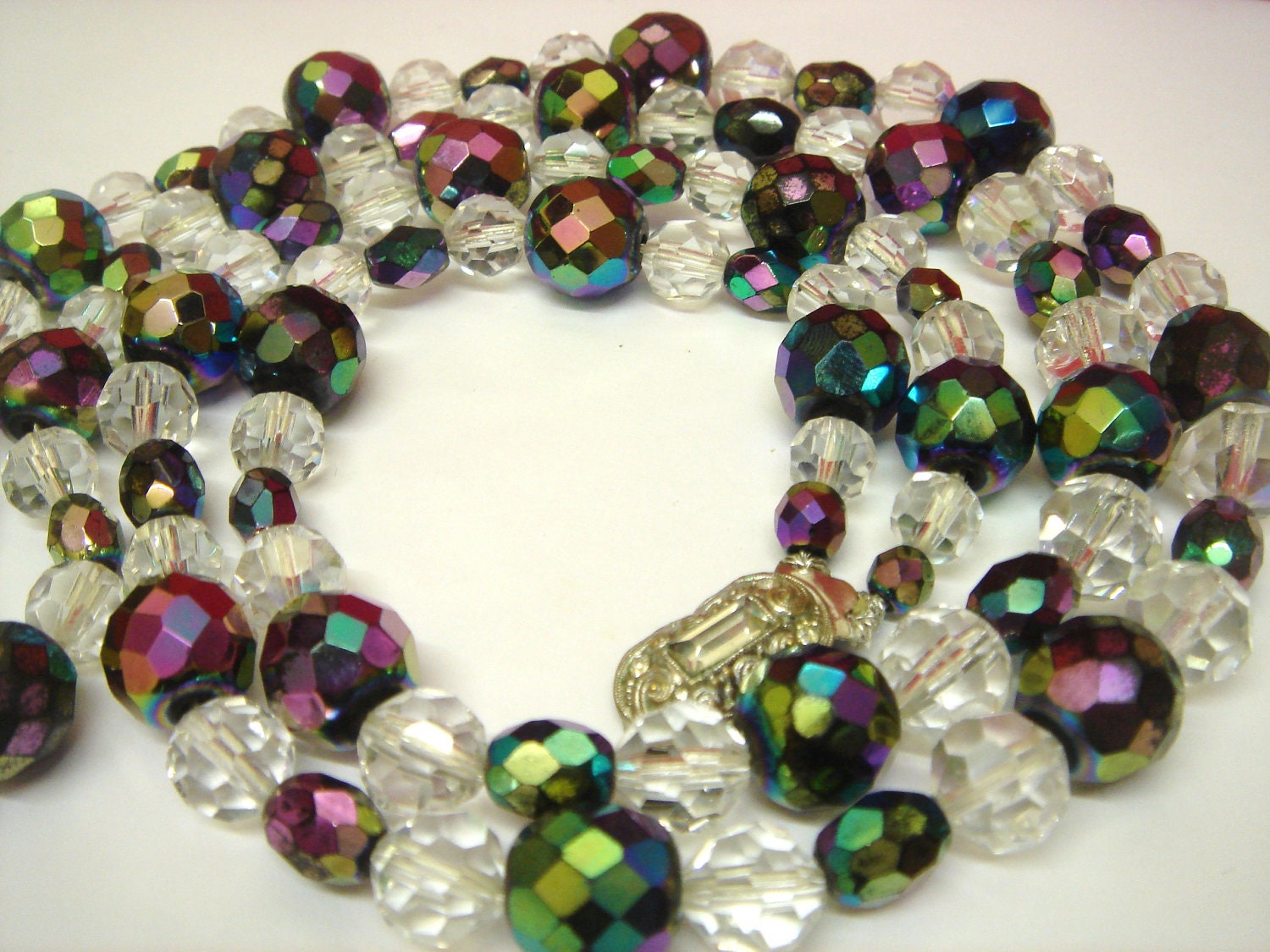 Vintage Two Strand Iridescent Peacock Carnival & Clear Crystal Necklace