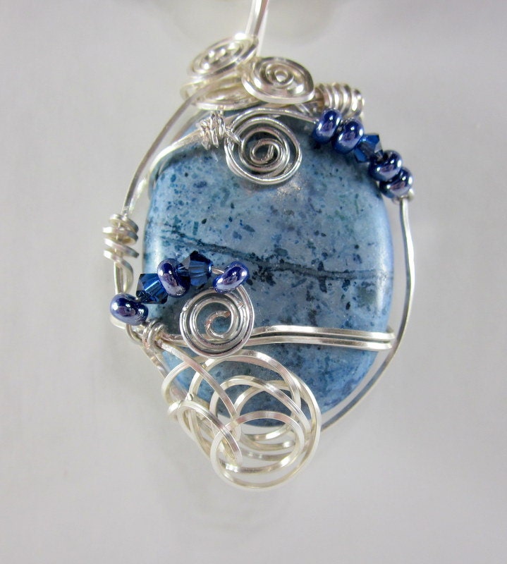 Blue and Silver Pendant Necklace, Silver Beadwork Necklace, Beaded Necklace,  Fall Jewelry, Beaded Jewelry