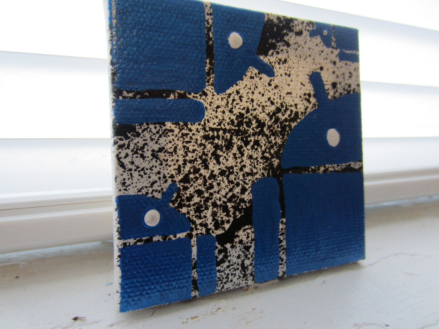 4"x4" mini canvas magnet hand painted blue black and white robot