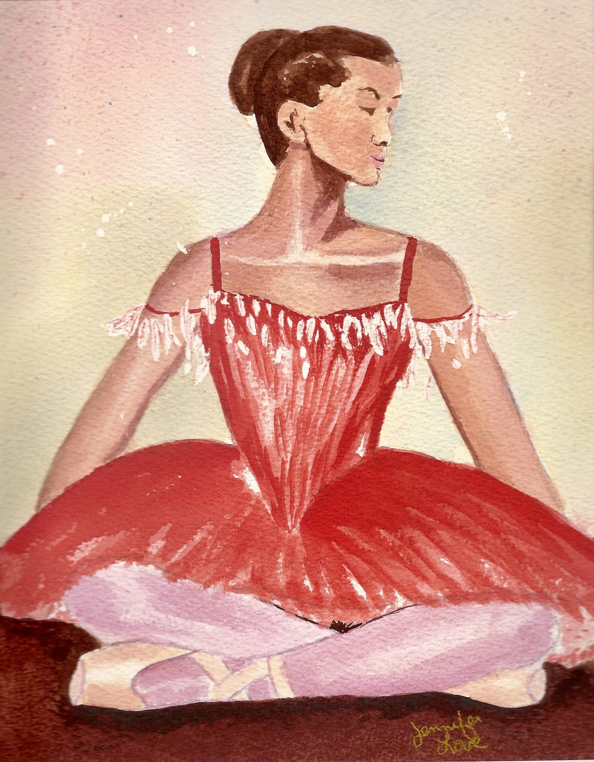 ORIGINAL Watercolor - Jennifer Love Artwork ballet dancer red painting 10 x 8  OOAK sfa EBSQ