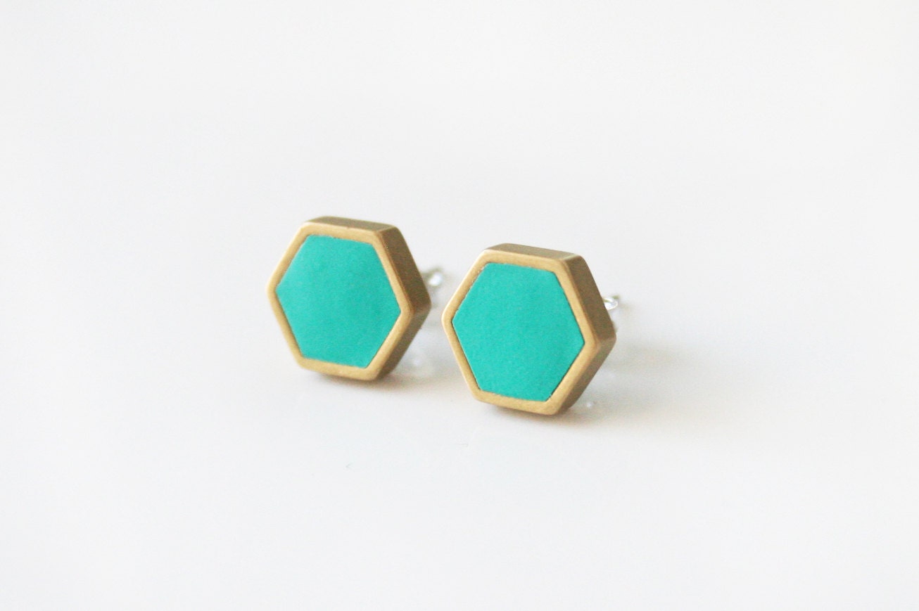 Turquoise Geometric hexagon stud earrings