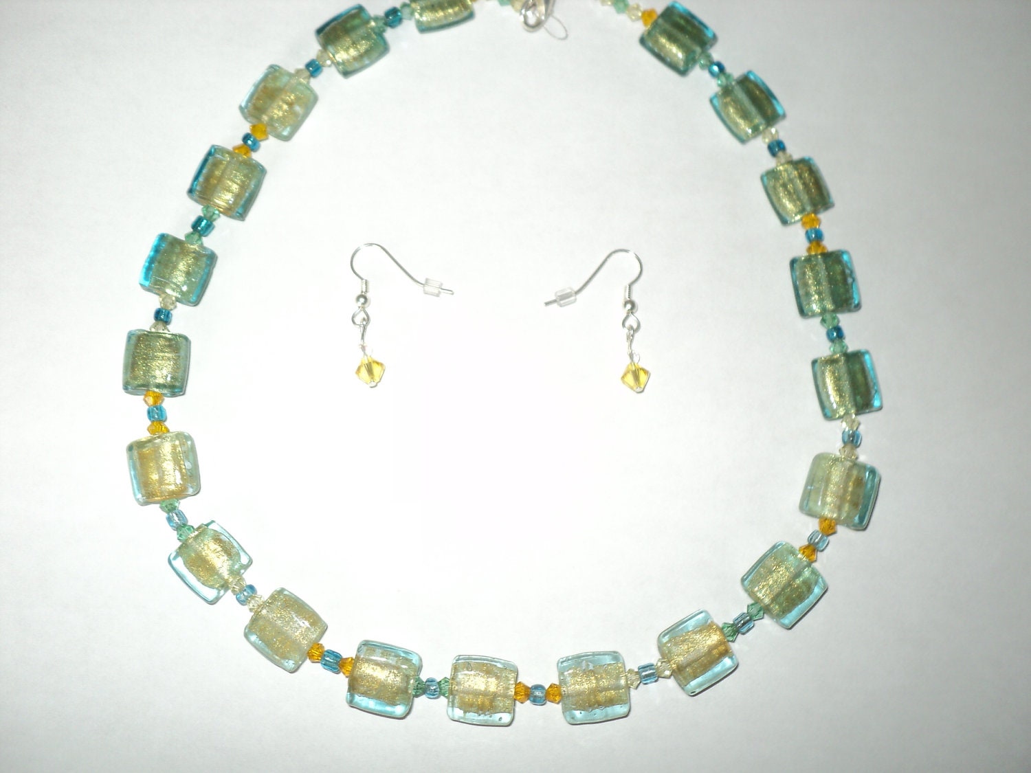 Aqua Venetian Foiled Beaded Necklace - Free Shipping - Wedding - Jewelry Set
