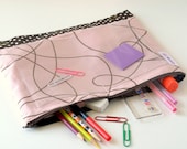 Storage Pouch, 3 Ring Binder Pouch, Girl Binder Case, Multi Purpose Pouch, Sticker Storage-Baby Pink Brown Swirl Design
