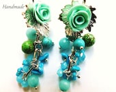 925 Sterling Silver Long Dangle Polymer Clay Earrings with natural turquoise and aquamarine gem stones.