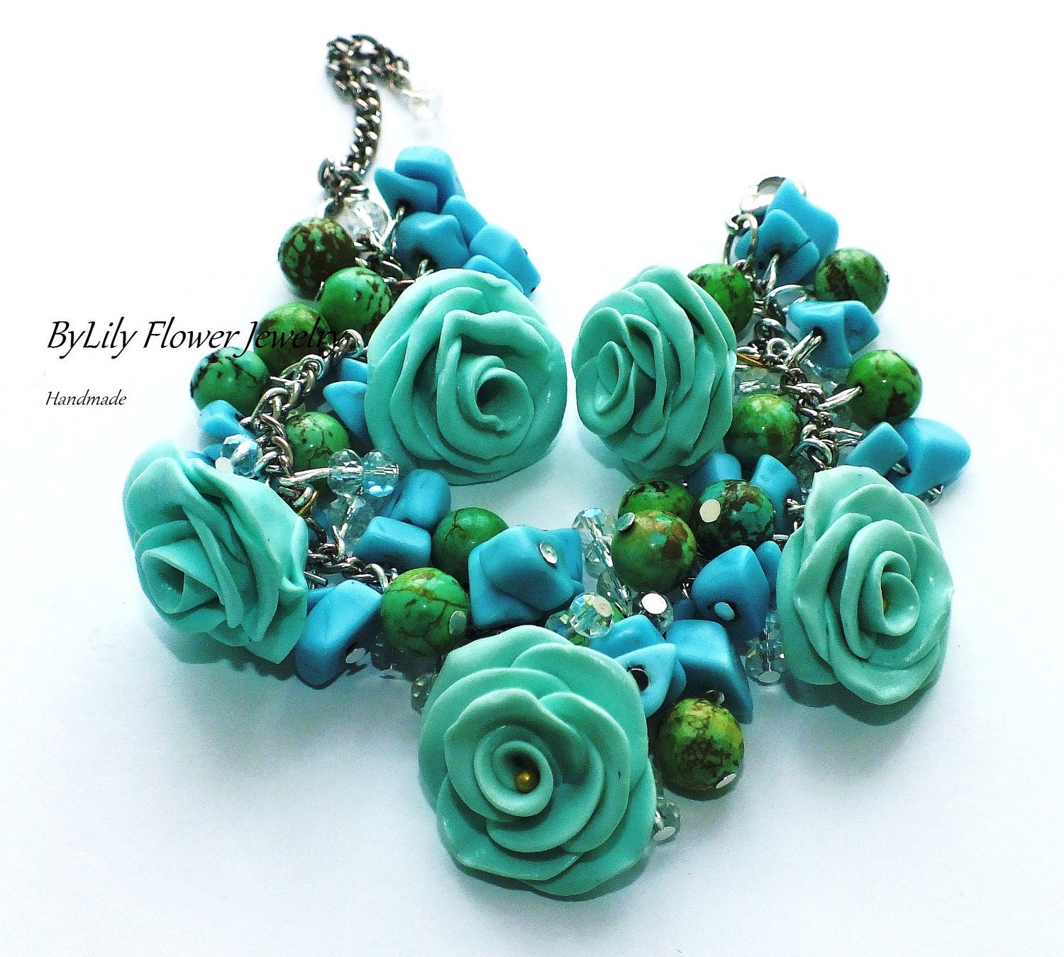 Trendy Summer Beaded Polymer clay Charm Bracelet "Turquoise" with natural Turquoise