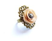 Adjustable Vintage Filigree Ring with Polymer Clay Flower and Swarovski Rhinestone