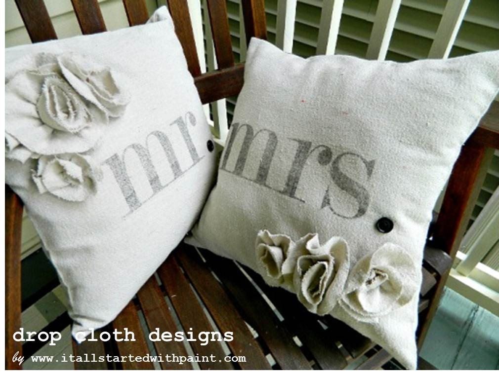 Mr. & Mrs. Rosette Drop Cloth Pillow Set (inserts included) - 16 x 16