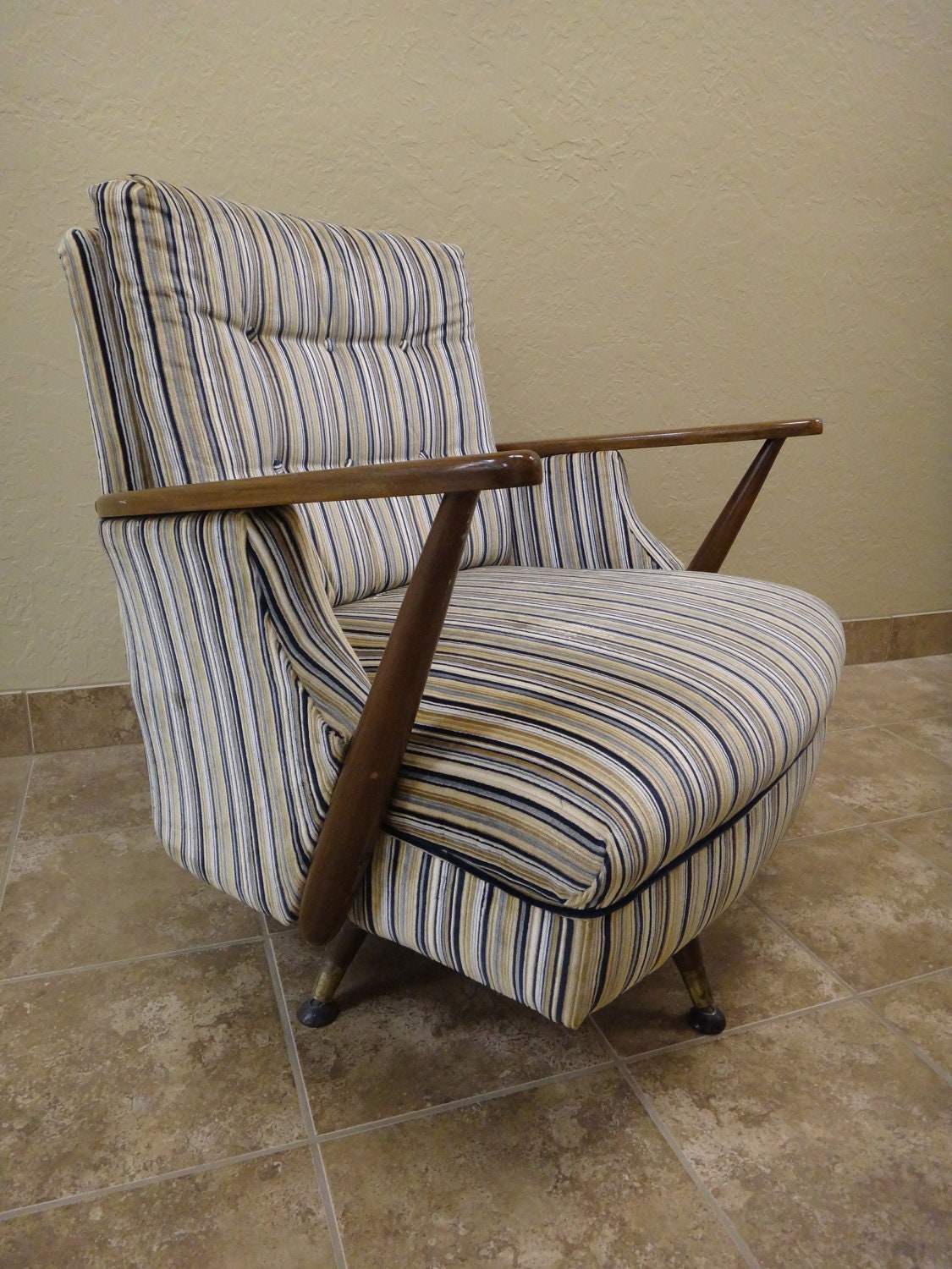 Mid Century Modern Upholstered Chair with Wood Arms - Swivels and Rocks